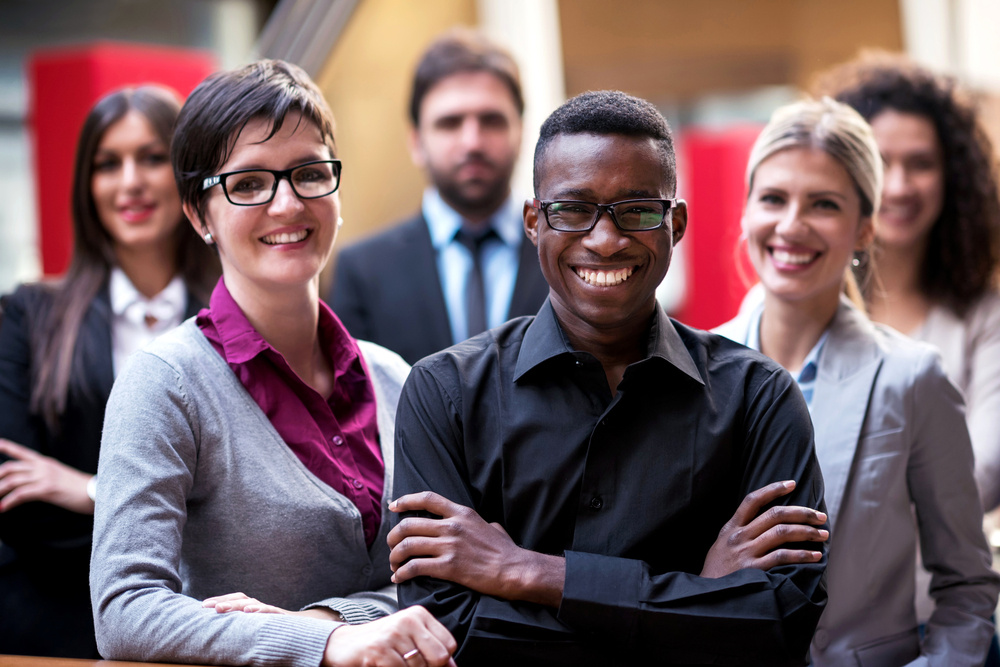 young multi ethnic business people group walking standing and top view